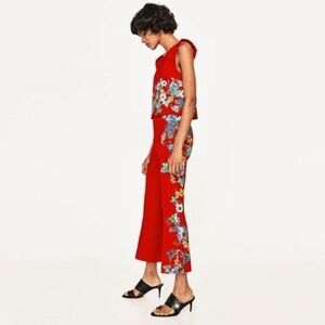 Zara Red Floral Printed Kick Flare Stretch Pants Women Size XS